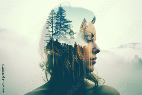 Double exposure portrait of young beautiful woman blended with nature