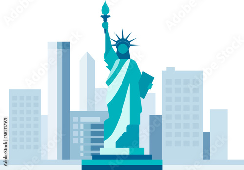 American Statue of Liberty with New York modern city background minimal icon vector flat