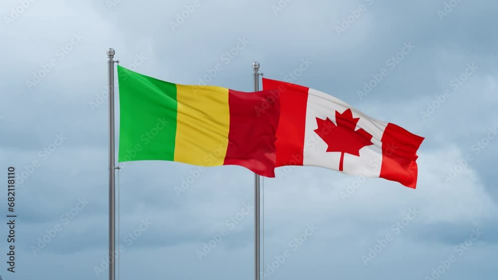Canada and Mali flag waving together on cloudy sky, endless seamless loop, two country cooperation concept Canada and Mali flag waving together on cloudy sky, endless seamless loop, two country cooperation concept