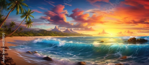 background of a sunny summer day in Africa, the vibrant colors of nature painted the sky with fluffy clouds, while the waves crashed upon the sparkling sea, creating a luxurious setting for a magical
