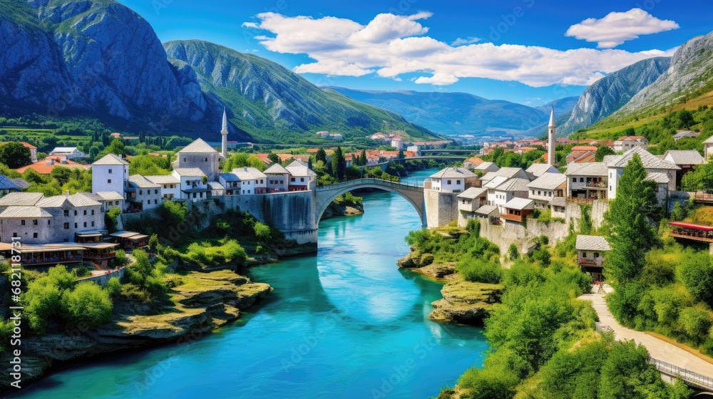Historic town nestled by a river, with a stone bridge, mosque, and mountain backdrop