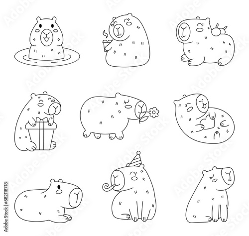 Funny cartoon capybara. Coloring Page. Cute amusing characters swimming in water, bathing, walking, relaxing. Adorable nice animal. Hand drawn style. Vector drawing. Collection of design elements.