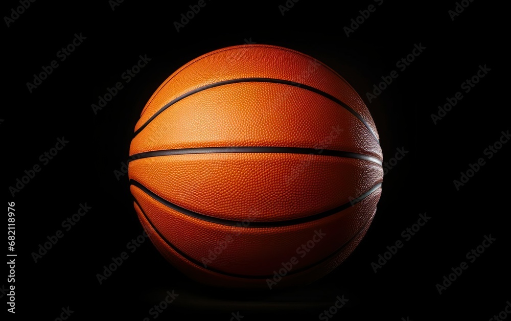 Photorealistic orange basketball ball icon isolated on black background. March madness poster design. Minimalistic banner, side view team sport equipment. Open bright colors. AI Generative.