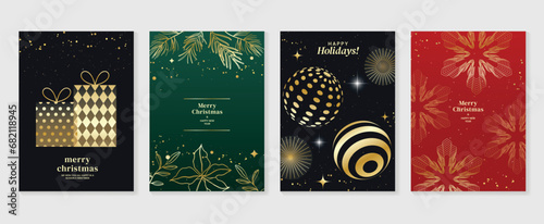 Luxury christmas invitation card art deco design vector. Christmas bauble ball, foliage, gift, firework line art on green, red and dark background. Design illustration for cover, poster, wallpaper.