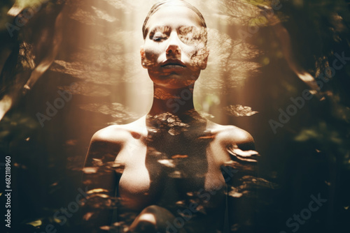 Double exposure photo of woman meditating in the nature