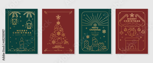 Luxury christmas invitation card art deco design vector. Christmas tree, bauble ball, snowman, candle, chimney line art on red and green background. Design illustration for cover, poster, wallpaper.