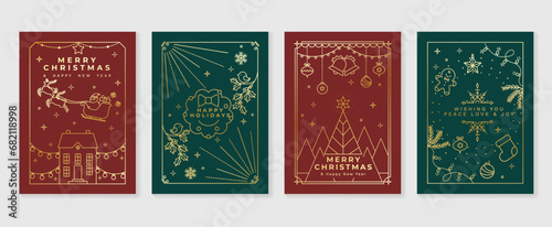 Luxury christmas invitation card art deco design vector. Christmas tree, bauble ball, reindeer, santa sleigh line art on red and green background. Design illustration for cover, poster, wallpaper.