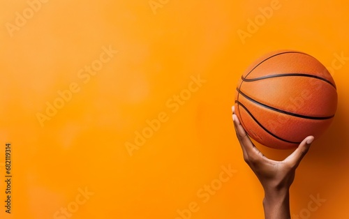 March madness poster. A hand holding basketball ball. Photorealistic orange basketball ball isolated on warm orange background. Modern minimalistic banner, copy space, flat lay. AI Generative.