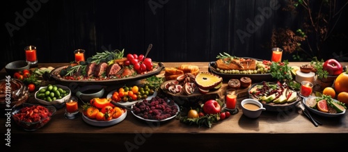 In the midst of the holidays, a wooden table adorned with a colorful spread of organic, natural cuisine showcased a gourmet Christmas feast. The aroma of roasted ingredients filled the air, enticing