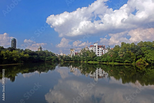 Landscape view of a beautiful lake with a bridge in the bottanical garden dhaka bangladesh 