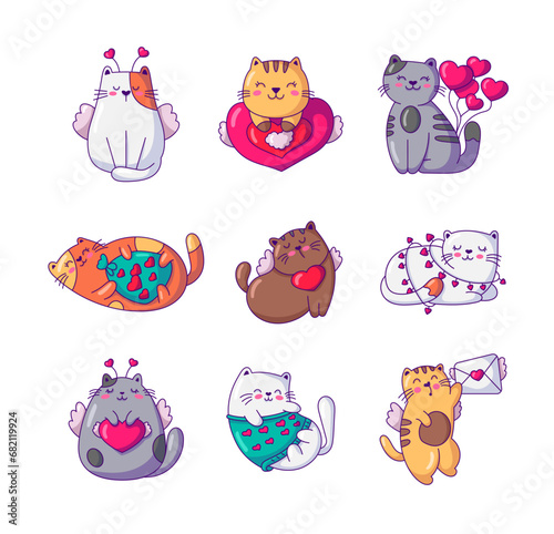 Cute cat for Valentines day. Happy romantic kitten with hearts, love letter. Hand drawn style. Vector drawing. Collection of design elements.