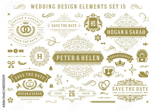 Vintage wedding and valentines day decorative ornament design elements set vector illustration
