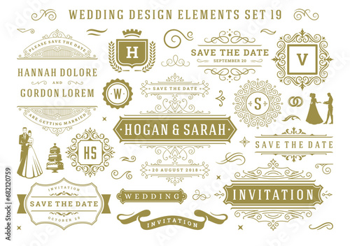 Vintage wedding and valentines day decorative ornament design elements set vector illustration
