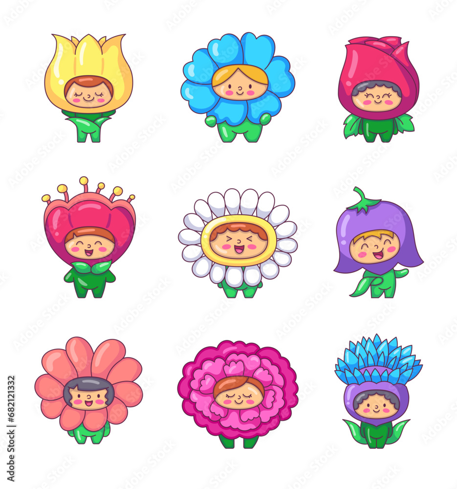 Fototapeta premium Cute little kids wearing flowers costumes. Funny boys and girls cartoon characters in clothes rose, chamomile, tulip. Hand drawn style. Vector drawing. Collection of design elements.