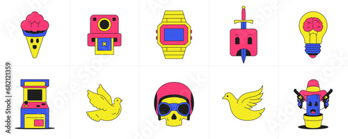 Psychedelic groovy icon cartoon elements funky weird art sticker set vector flat illustration