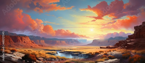 As the sun rose above the Utah desert  painting the landscape in shades of orange and red  the sky transformed into a stunning canvas of blue with cotton candy clouds drifting lazily overhead  casting