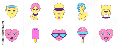 Surreal trendy stickers cartoon character emoji psychedelic groovy icon set vector flat illustration