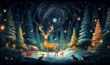 in the forest there is a christmas tree surrounded with gifts and animals