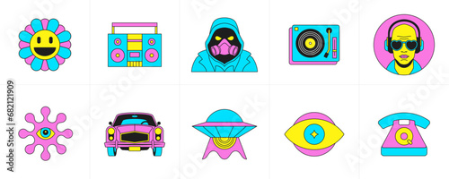 Psychedelic cartoon characters and elements trendy funky sticker groovy icon set vector flat