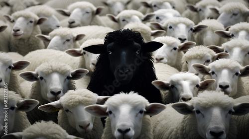 The black sheep in the herd white sheep, created with AI, PNG, 300 DPI