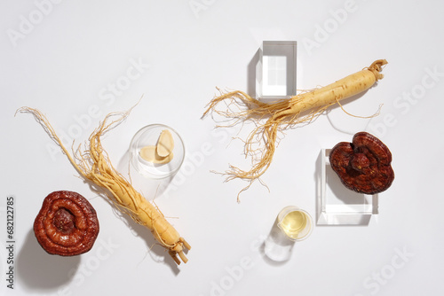 Modern concept for advertising and branding cosmetic with ginseng and lingzhi mushroom on white background. These herbs provide many health benefits. Background of herbal ingredient for healthcare photo