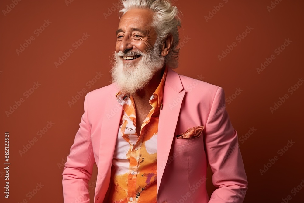 Portrait of a beautiful and handsome smiling, happy and pleased man with positive vibes. Human person dressed in fashionable, colorful and fun clothes. Generative AI, AI