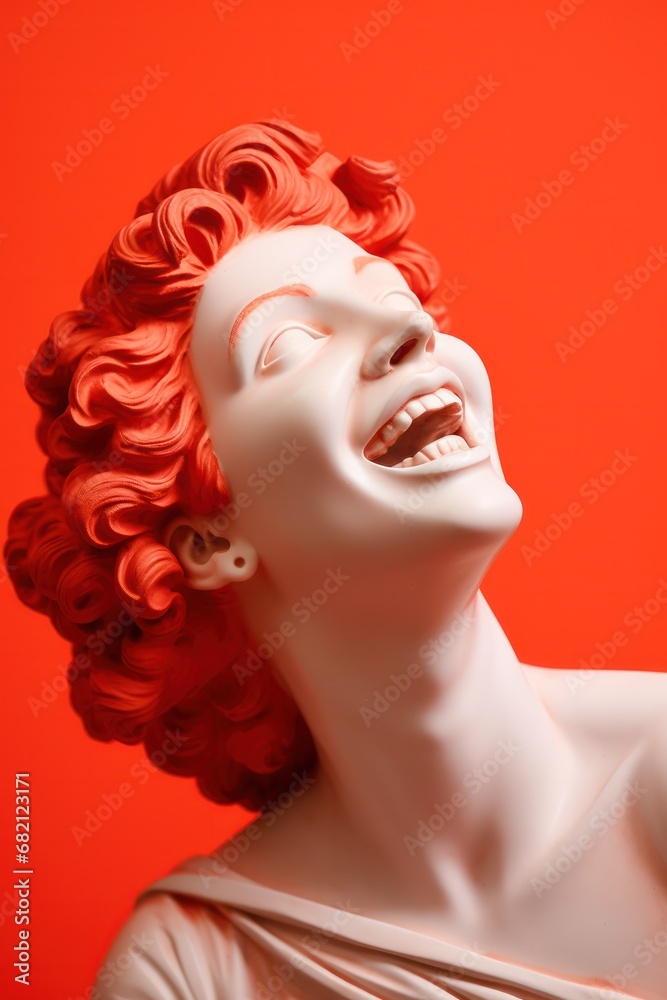 laughing red stoicism women head sculptures, happy women stoic philosophers. minimal studio setup