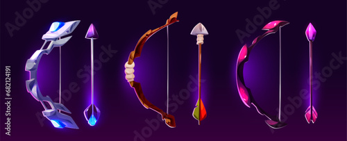 Game cartoon asset of bow and arrow with magical powers. Vector illustration set of fantastic wooden and stone archery weapon with neon glowing decorative elements for various rpg rank or level.