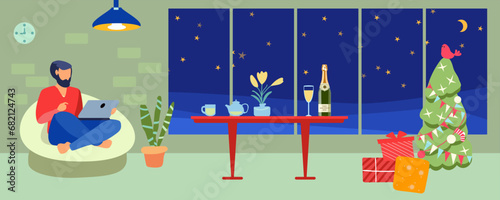 New Year, a man alone celebrates the winter holiday, champagne, Christmas tree, gifts, Christmas Day, Vector illustration, hand drawn, not AI