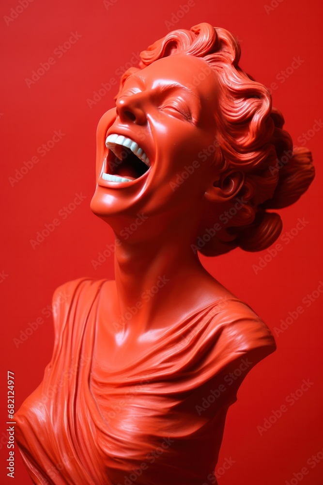 laughing red stoicism women head sculptures, happy women stoic philosophers. minimal studio setup