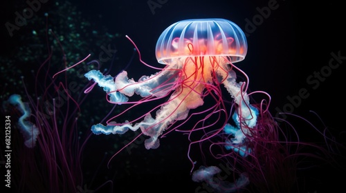 A jellyfish floating in the dark with its eyes open. Generative AI.
