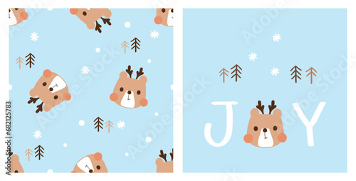 Christmas seamless pattern of little bear with antlers, pine tree and snowflakes on winter blue background vector.