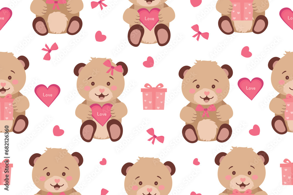 Seamless pattern with cute teddy bears. Drawing for Valentine's Day, Teddy Bear Day. Vector illustration. Vector