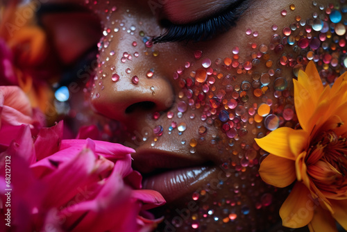 Tela human with raindrops on petals of flowers create beautiful reflection of surroun