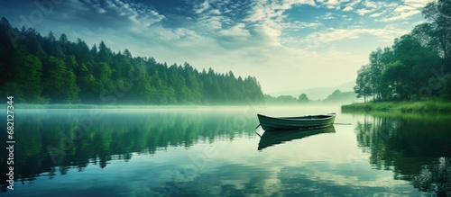 The dreamy lake nestled within the green landscape offered a peaceful haven, as the rowing boat gently glided across the calm waters, creating tranquil reflections that mirrored the serene