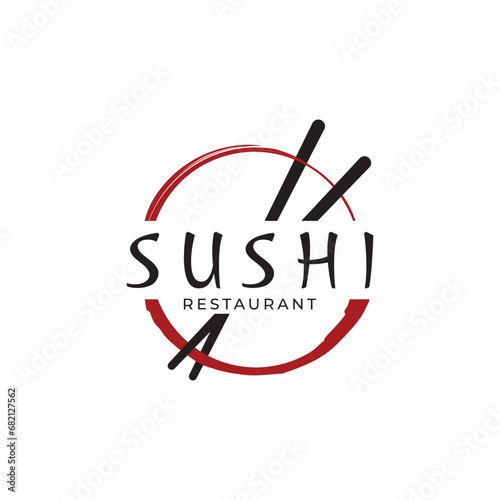 Japanese food sushi logo design with crossed chopsticks. Logo for restaurant, business, bar.
