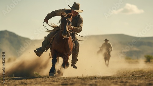 An extraordinary display of horsemanship unfolds under the open sky as a cowboy and his horse execute intricate maneuvers.