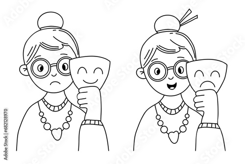 Happy smiling and unhappy sad woman with mask emotion. Covering emotions, searching identity. Vector illustration. outline hand drawing. Psychology, mood changes, personality concept.