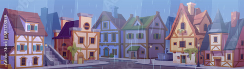 Medieval german city street with houses at rain. Cartoon vector cityscape with old town traditional homes with wood fachwerk under falling rainy drops. Half-timbered buildings with puddles on road.