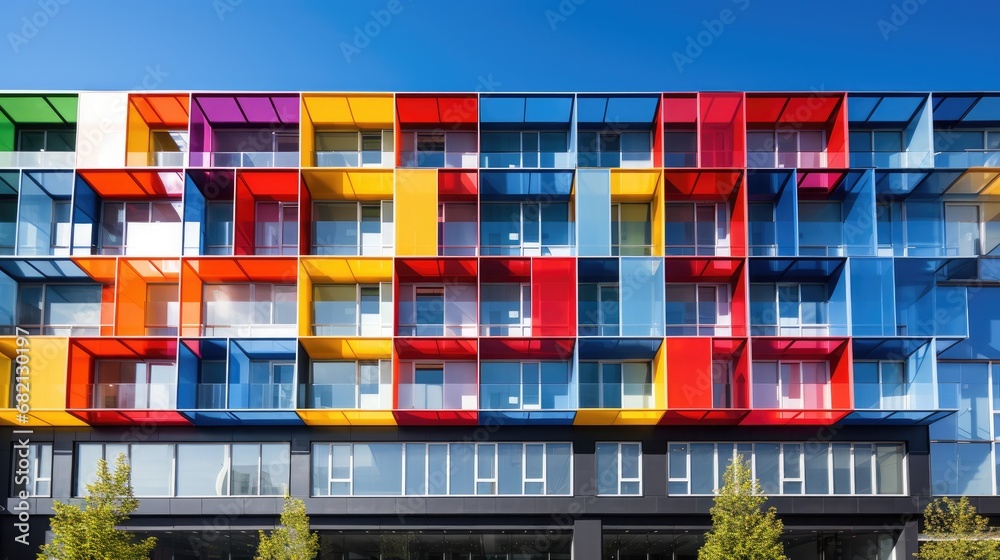 A multicolored building with a blue sky in the background. Generative AI.