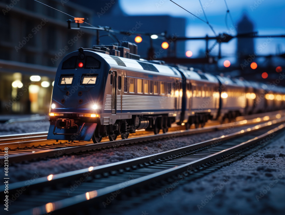 Fototapeta premium A silver train traveling down train tracks at night. Generative AI.