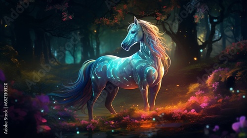 an image of the amazing forest horse under the enchanting glow of the forest s bioluminescent flora.