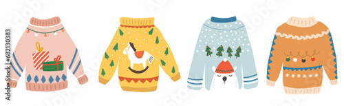 Collection of ugly Christmas sweaters isolated on a light background. Set of handmade knitted woolen winter clothes.