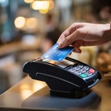 Close up of a customer hand paying with a contactless credit card reader in a bar interior