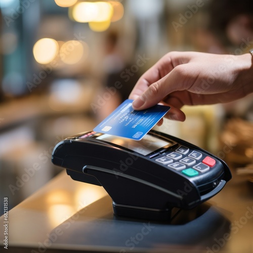Close up of a customer hand paying with a contactless credit card reader in a bar interior photo