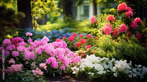 background of a summer garden  amidst the green leaves and colorful blooms  the beauty of nature is showcased through a vibrant floral bed filled with pink and various colors  creating a picturesque