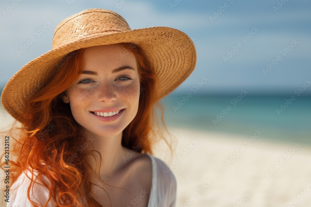 Sunny close-up portrait of ginger young model,with long hair,straw hat,bronze skin,nude make-up,hairstyle,windy hair,fashionable pretty woman in casual bright spring summer.