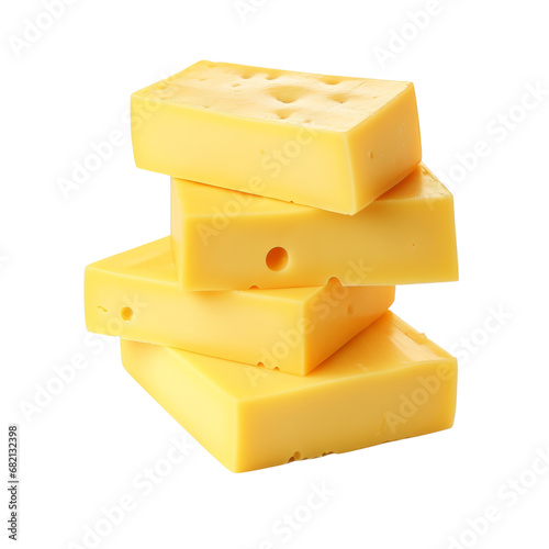 Stack of cheddar cheese slices, brightly coloured and isolated on a transparent background.