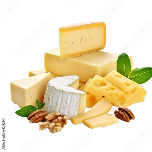 A stack of assorted cheeses including brie and nuts, artistically presented.