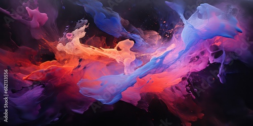 Style of wavy resin sheets with a color palette of dark violet and light orange, incorporating narrative diptychs, spiritual figures, interstellar nebulae, image noise, and shades of light black. photo